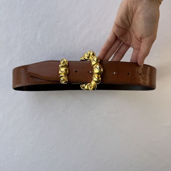 Kleinberg Sherrill Brown Leather Belt Size Medium Gold Buckle Vintage main image 4